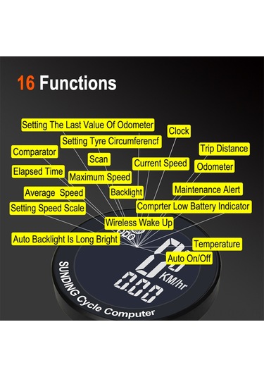 Aubyhe Bisiklet Hızı Ve Mesafe Ölçer, 16 Fonksiyonlu, Arka Işık Sürekli Açık, Spor Ve Günlük Kullanım İçin İngilizce Ekranlı Kompakt Sayaç Siyah