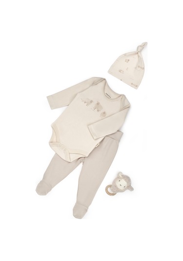 Bebek 3 Lü Takım Pantolon, Uzun Kol T-shirt, Şapka , Bebek Ve Yenidoğan Serisi - Csy8188 Ekru