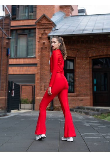 Kırmızı Yırtmaçlı İspanyol Paça Spor Tayt Kırmızı