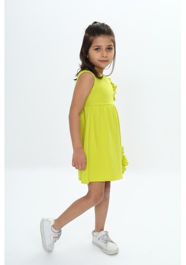 Toontoy Kız Çocuk Fırfır Ve Çıtçıt Detaylı Elbise Açık Yeşil