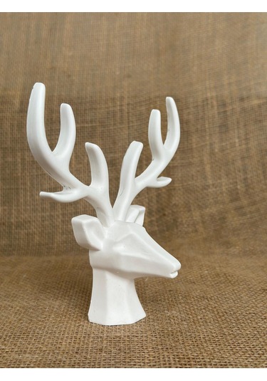 Geyik Heykeli, Büst, Beyaz Renkli El Yapımı Dekoratif Obje, Ev Dekoru