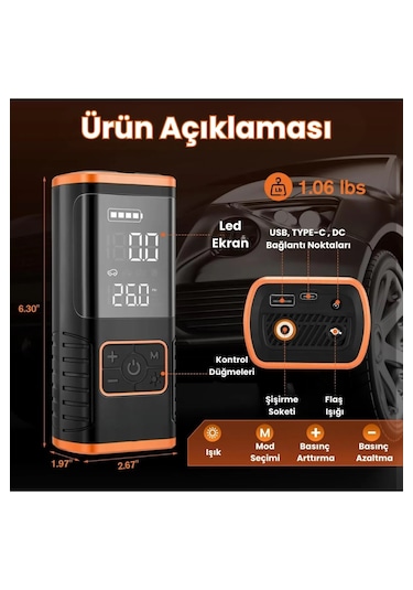 Enshall 5588 5400 Mah+şarjlı Çakmaklıklı Taşınabilir Kompresör