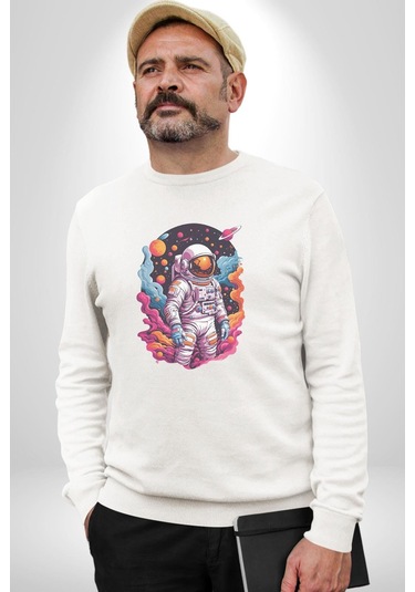 Ay Mars Astronot Unisex Beyaz Baskılı Sweatshirt Beyaz