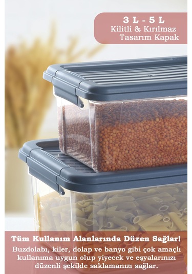 2'li Set Kilit Kapaklı Un Bakliyat Erzak Kabı - Çok Amaçlı Düzenleyici Deterjan Saklama Kutusu 3l-5l Mavi