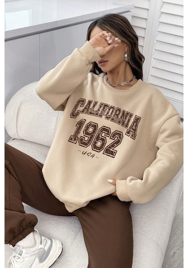 Modagen Unisex Kahverengi Bej Bisiklet Yaka California Baskılı Alt-üst Eşofman Takımı Kahve-bej