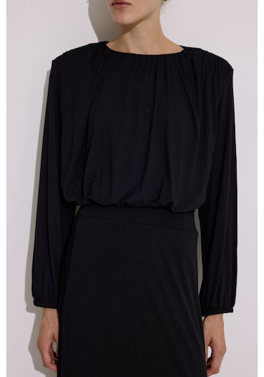 Dökümlü Balon Form Bluz Siyah Siyah