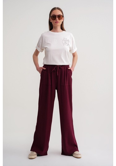 4629 Kadın Bol Paça Yüksek Bel Viskon Palazzo Pantolon Bordo Bordo