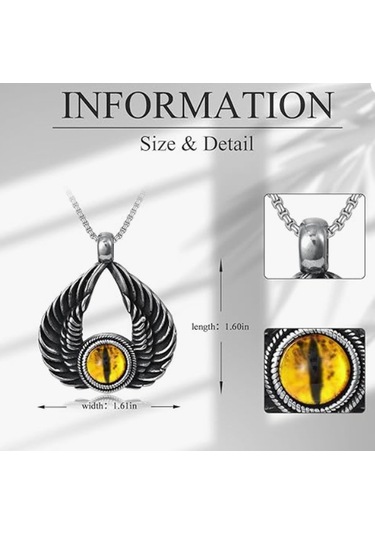 Dragon Eye Modeli Kanat Tasarımlı Sarı Göz Kolyeli Antik Çelik Erkek Kadın Kolye Gri - Sarı