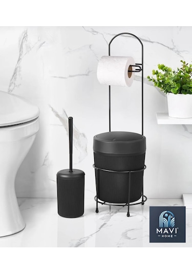 Kovalı Tuvalet Kağıtlığı, Çöp Kovalı Tuvalet Kağıdı Askısı Ve Tuvalet Fırça Seti Siyah
