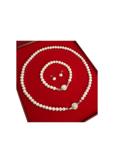 Chavin Doğal Inci Kolye Küpe Bileklik Özel Kutulu Set Ct83