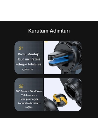 Essager V Tipi Süper Stabil Klipsli Araç İçi Telefon Tutucu, 360 Derece Dönebilen Düşmez Titremez Telefon Tutucu