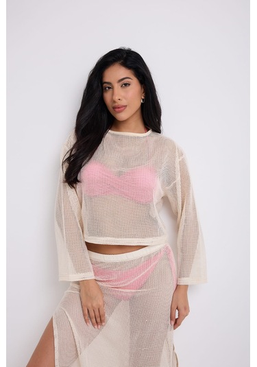 Yırtmaçlı Uzun File Etek Ekru