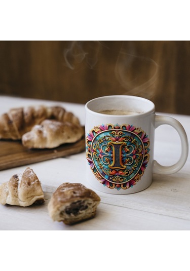 I Harfi Boho Bardak, Renkli Özel Tasarım Hediyelik Harfli Kupa, 330ml Porselen Beyaz