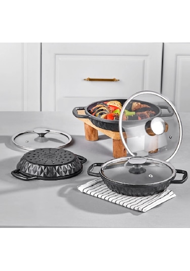 Taç Bella Cam Kapaklı 3 Lü Döküm Sahan Seti Siyah