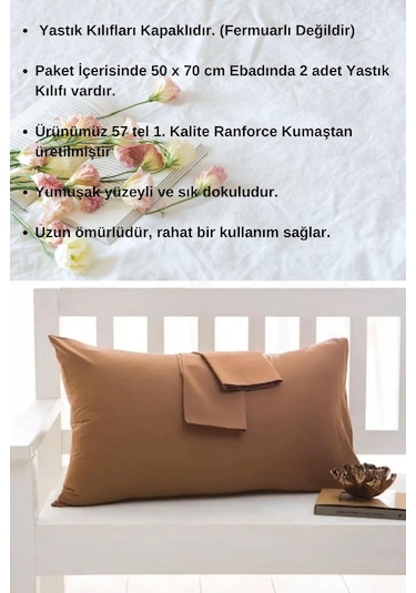 Kahve Renkli Pamuklu Ranforce Kumaştan Yastık Kılıfı 2 Adet