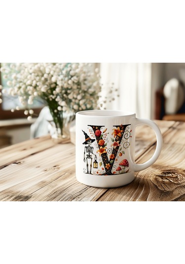 V Harfi Şapkalı İskelet Figürlü Ve Çiçekli Kupa Bardak - Cadılar Bayramı / Halloween Özel Hediye Beyaz