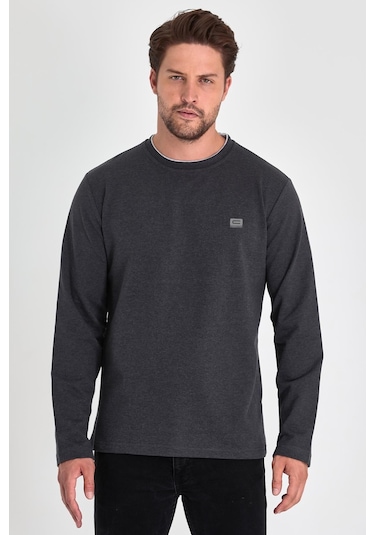 MMetalic Erkek Antrasit Çift Bisiklet Yaka Baskı Detaylı Standart Rahat Kesim Sweatshirt Antrasit