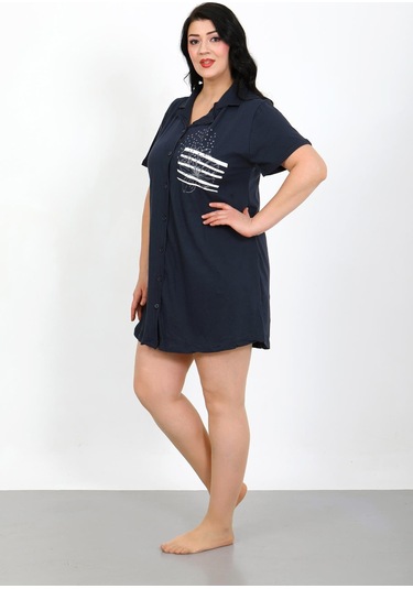 Akbeniz Büyük Beden Penye Düğmeli Lacivert Tunik Gecelik 1025 Lacivert