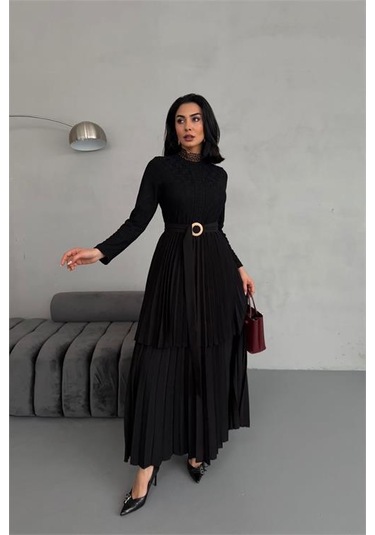 Dipmoda Kadın Krep Kumaş Dantel Detaylı Kemerli Uzun Elbise Dpms2525 Siyah