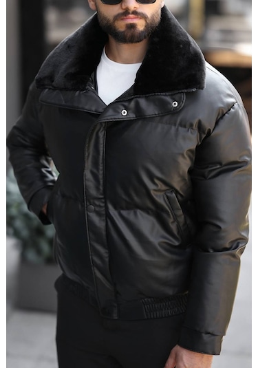 Erkek Kürk Yaka Su Ve Soğuk Geçirmez Dolum Deri Şişme Mont Siyah 001