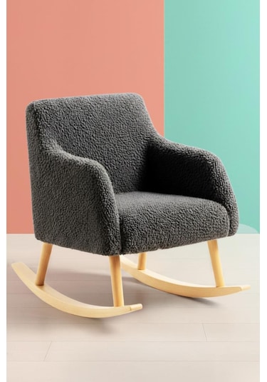Loop Sallanan Sandalye Ve Puf Seti Antrasit Teddy Kumaş Ahşap Ayaklı Berjer - Sallanan Koltuk Puf Antrasit