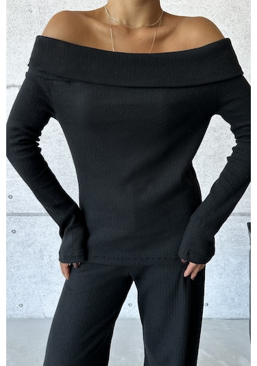 Modagen Selanik Kumaş Madonna Yaka Alt Üst Pantolonlu Takım Siyah