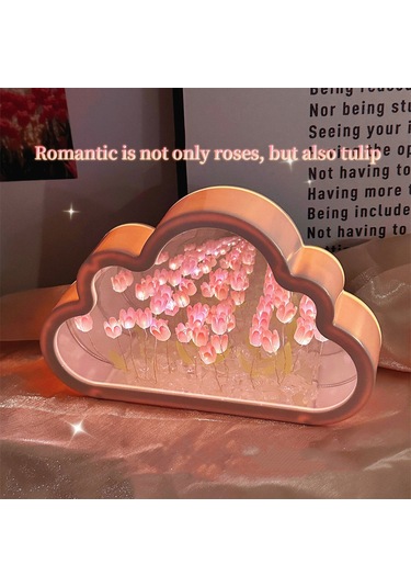 Yunboo Yetişkin Ve Çocuk Odaları İçin Bulut Şekilli Tülipan Yansımalı Gece Lambası - Pembe, Sarı, Mor Seçenekleriyle 4 Saat Süreyle Aydınlatma Pembe