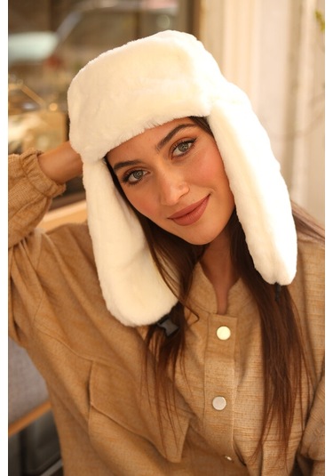 Çıtçıtlı Kürklü Kulaklıklı Peluş Bere Şapka Rkş-03 Ekru Ekru