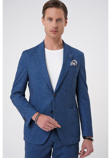 Comfort Fit Mono Yaka Çift Yırtmaç Torba Cep Casual Gece Mavisi Ceket C 701 Gece Mavisi