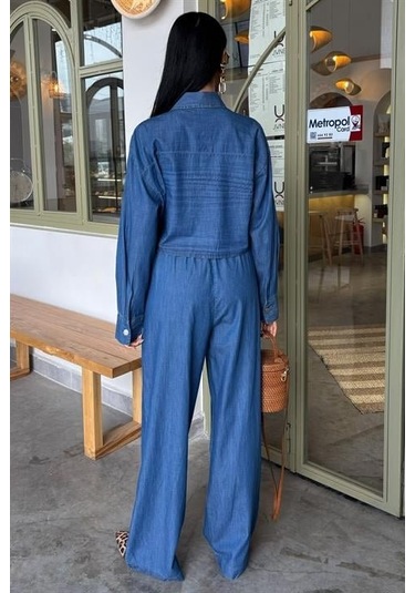 Denim Gömlek Plazzo Pantolon Takım 10163-08 Deni M