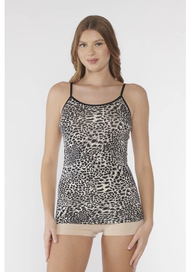 Kolcu Kadın Kar Leoparı Desenli Likralı İnce İp Askılı Premium Atlet Siyah Beyaz Leopar