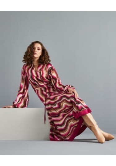 Renkli Desenli Kadın Elbise - Beli Şerit Detaylı - Uzun Kollu - Modern Ve Şık Tasarım - Günlük Ve Özel Gün İçin Elbise Fuşya