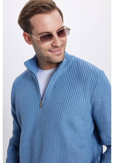 Erkek 3'lü Paket İndigo-vizon-lacivert Slim Fit Dar Kesim Fermuarlı Dik Yaka Triko Kazak-41809 Çok Renkli