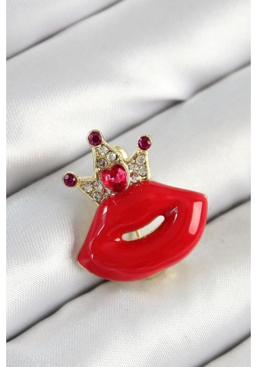Zirkon Taşlı Kraliçe Taç Detaylı 3d Kırmızı Dudak Figürlü Gold Renk Kadın Broş Çok Renkli