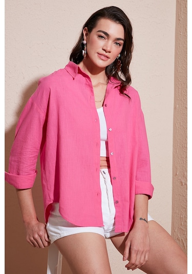 Lela Pamuklu Regular Fit Uzun Kollu Düz Bayan Gömlek Cf25S168305 Şeker Pembe