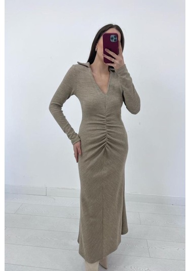 Bej Büzgülü Triko Balık Elbise Bej