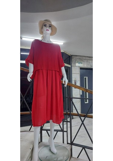 İtalyan Müslin Keteni Üstü File Bluzlu Astarlı Tek Parça Elbise Kırmızı