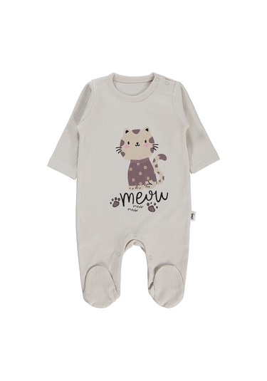 Civil Baby Kedi Baskılı 1-9 Ay Tulum - Bej Taş Rengi