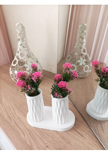 Mini Desenli İkili Beton Saksı Ve Oval Tabak - Yapay Çiçek Hediyeli - Pembe Tomurcuk