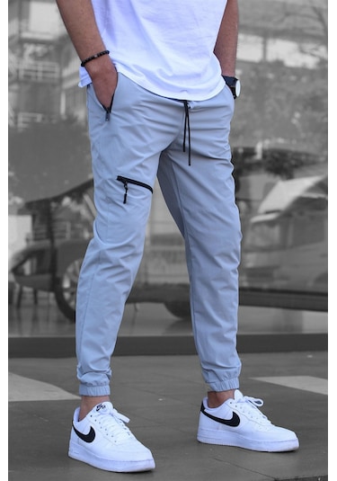 Madmext Boyalı Gri Fermuar Detaylı Paraşüt Jogger Pantolon Boyalı Gri