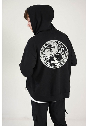 Ying Yang Hırka - Siyah Baskılı Oversize Kapüşonlu Siyah