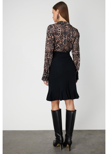 On Kadın Eteği Pileli Diz Üstü Triko Etek 65200 Siyah Siyah