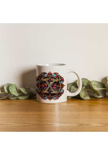 X Harfi Boho Bardak, Renkli Özel Tasarım Hediyelik Harfli Kupa, 330ml Porselen Beyaz