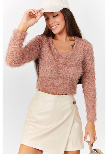 Armonika Kadın Pudra Pullu Sakallı Crop Kazak Arm-22y001179