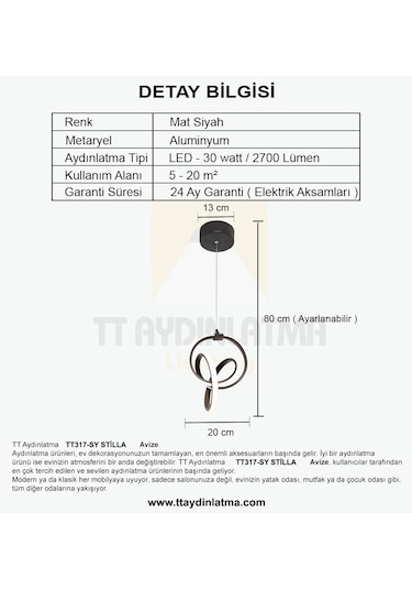 Tt317-Sy Tt Aydınlatma Stilla Modeli Mat Siyah Led Avize