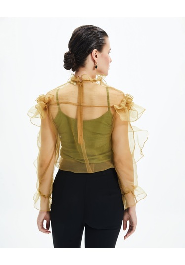 Kadın Volan Detaylı Şifon Bluz Çiçek Yaka Tasarım, Uzun Kollu Yağyeşili