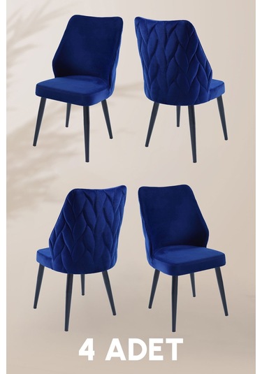 Puffy Sandalye - Babyface Mavi - Metal Siyah Ayak 4 Adet - Salon Sandalyesi / Mutfak Sandalyesi Saks Mavi