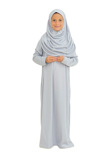 İki Parça Çocuk Elbisesi Seti Eşarp İle Takım Gri