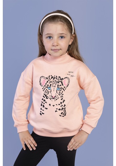 Toontoy Kız Çocuk Baskılı Balıkçı Yaka Pamuklu Sweatshirt Somon