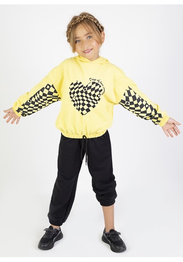 Kız Çocuk İki İplik Kumaş Orta Kalınlıktaa Baskılı Örme Basic Eşofman Takımı Sarı